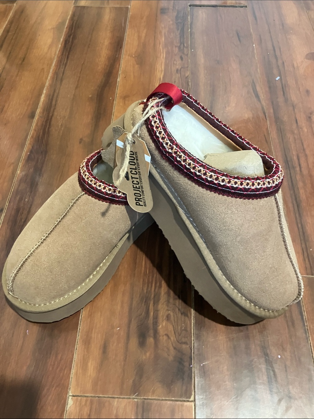 Project Cloud Tan Suede Slip-On Clogs with Red Trim